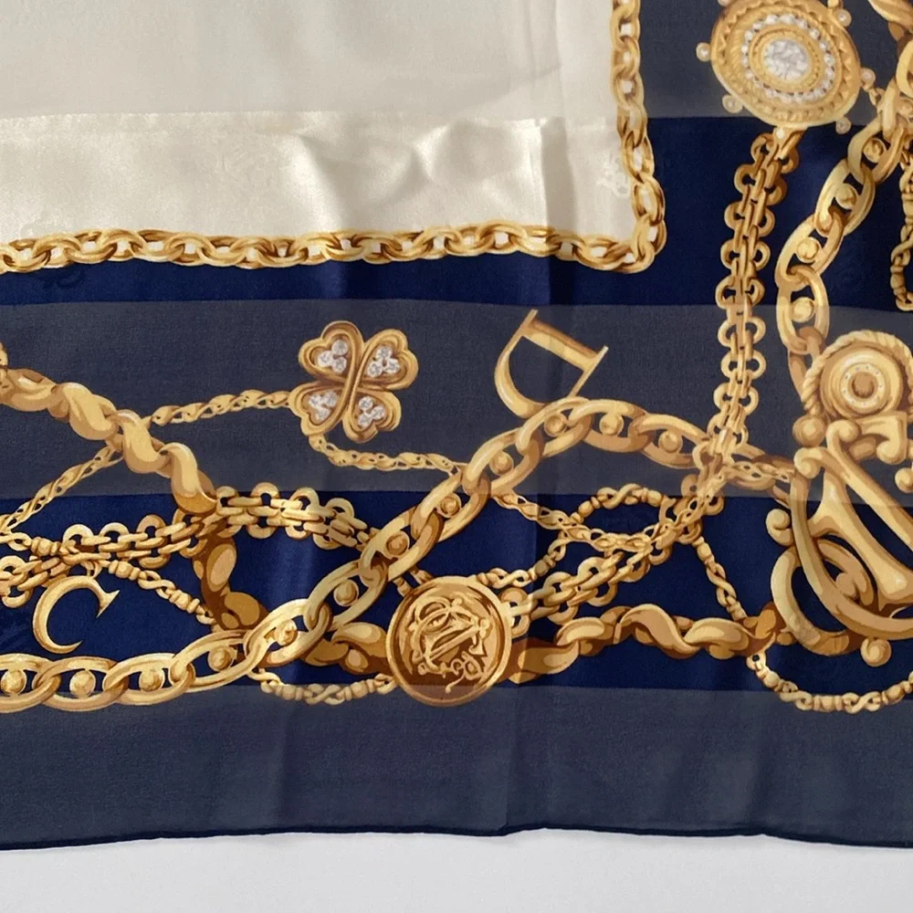 Christian Dior 100% silk scarf. Deep rich, navy blue gold cream color 34 x34